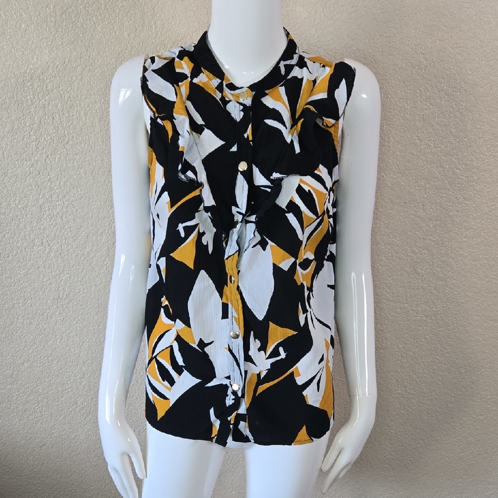 Nine West Black, White, and Yellow Blouse